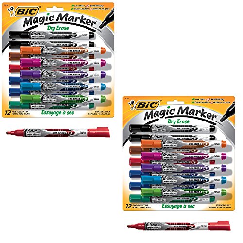BIC Magic Marker Dry Erase Marker, Fine Bullet Tip, Assorted Colors, 12-Count, Pack of 2