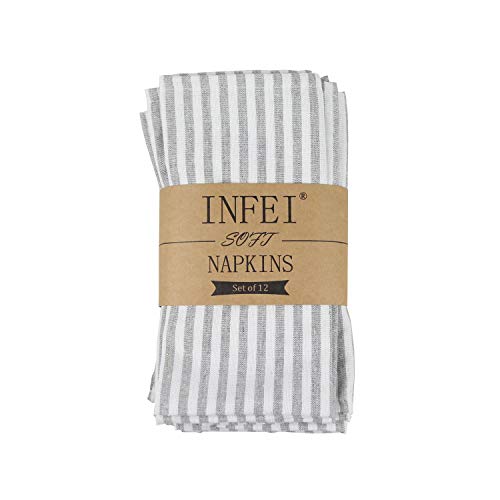 INFEI Soft Plain Striped Linen Cotton Dinner Cloth Napkins - Set of 12 (17 x 17 inches) - for Events & Home Use (Grey)