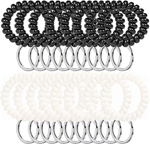 wencheng 100PCS Plastic Spring Wrist Coil, Spiral Keychain Black and White Flexible Wrist Band Key Chain Bracelet Use for Office
