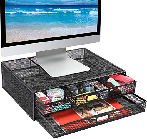 HUANUO Monitor Stand Riser with Drawer - Mesh Metal Desk Organizer PC, Laptop, Notebook, Printer Holder with Pull Out Storage Drawer