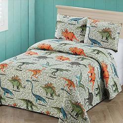 Kids Zone Home Linen 2 pc Twin Size Quilt Bedspread Kids/Teens Boys Dinosaurs Army Green Blue Orange Multicolor Bedding New