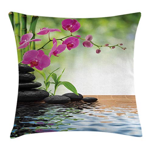 Ambesonne Spa Throw Pillow Cushion Cover, Composition Bamboo Tree Floor Mat Orchid Stones Wellness Greenery, Decorative