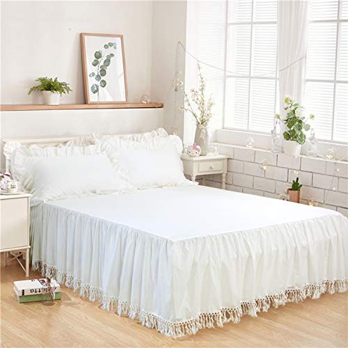 Softta Bed Skirt Queen Tassel Ruffle Bedding Bohemian Boho 100% Washed Cotton Solid White