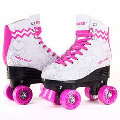 Skate Gear Cute Graphic Quad Roller Skates for Kids and Adults (Graphic White/Pink, Women's 7 / Youth 6 / Men's 6)
