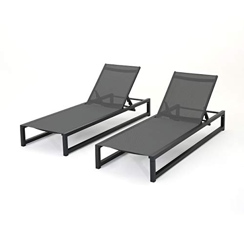 Christopher Knight Home Modesta Outdoor Aluminum Framed Chaise Lounges with Mesh Body, 2-Pcs Set, Black Finish / Grey Mesh