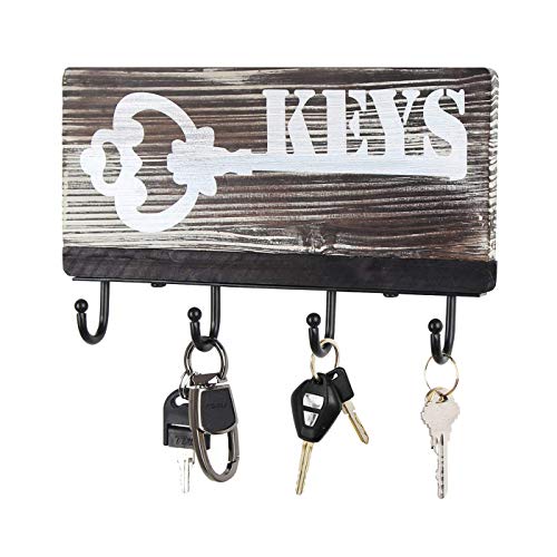 J JACKCUBE DESIGN - Wall Mount Rustic Wood and Metal Key Holder with 4 Hooks, Decorative Key Hook, Hanging Organizer Rack for