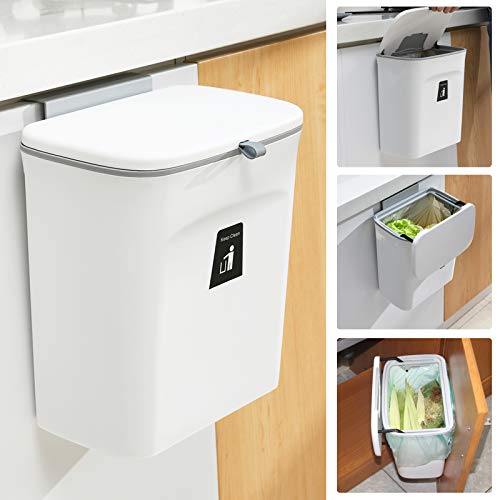 Tiyafuro 2.4 Gallon Kitchen Compost Bin for Counter Top or Under Sink, Hanging Small Trash Can with Lid for