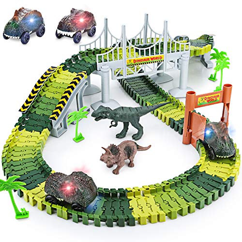 TOYK Dinosaur Toys,156pcs Create A Dinosaur World Road Race,Flexible Track Playset and 2 pcs Cool Dinosaur car for 3 4 5 6 Year &