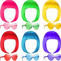 Syhood 12 Pieces Party Wigs and Sunglass Set, Neon Short Bob Hair Wigs Colorful Cosplay Costume Wig Heart Shaped Sunglasses for Neon
