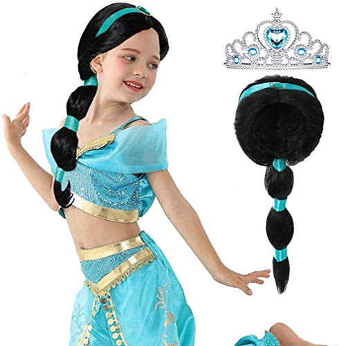 Yosbabe Arabian Princess Wig for Girls Jasmine Braid with Princess Tiara Princess Dress Up Costume Cosplay Halloween Accessories for