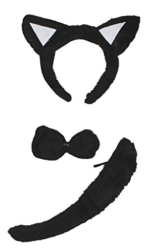 Petitebella Combined Animals Headband Bowtie Tail 3pc Costume (Cat [ Black - White Ear ], One Size)