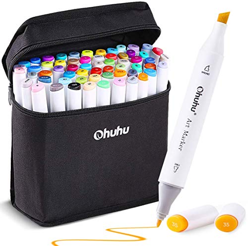 OHUHU 60 Colors Alcohol Art Markers, Ohuhu Double Tipped Coloring Marker for Kids, Fine and Chisel Tip Dual Alcohol Based Drawing