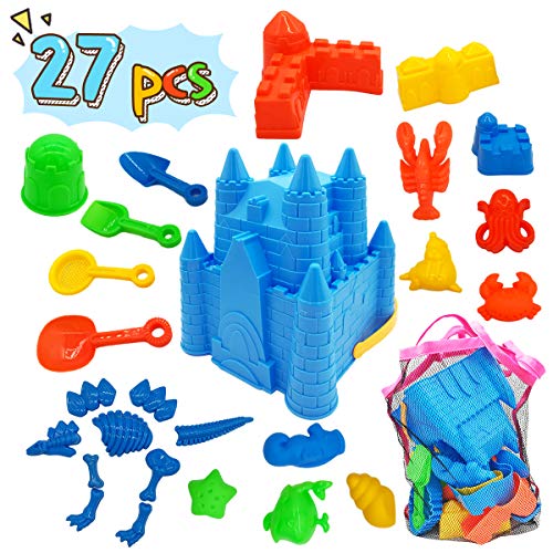 SupMLC Kids Beach Sand Toys Set, 27pcs Beach Toys Castle Molds Sand Molds, Beach Bucket, Beach Shovel Tool Kit, Sandbox Toys for