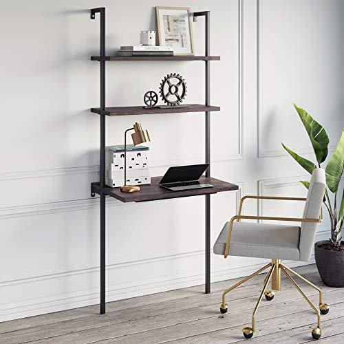Nathan James Theo 2-Shelf Industrial Wall Mount Ladder Table, Small Computer or Writing Desk, Nutmeg/Matte Black
