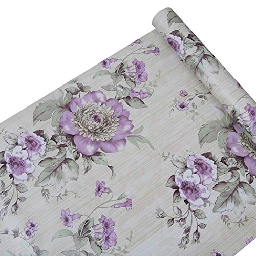 Glow4u Peel and Stick Decorative Purple Peony Floral Shelf Liner Paper for Kitchen Cabinets Dresser Refrigerator Counter Pantry