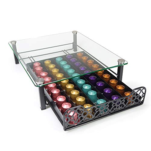 RECAPS Coffee Pods Storage Holder Drawer Kitchen Organizer Compatible with Nespresso Tempered Glass Holds Different Brands of