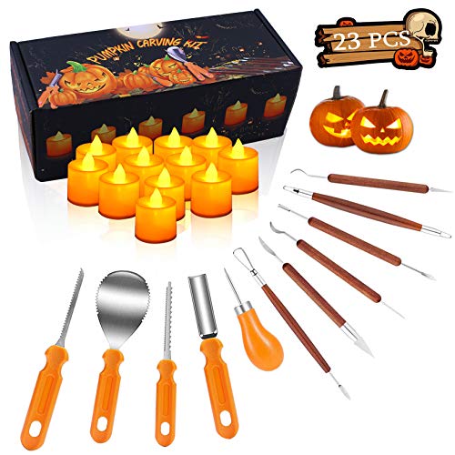 Butyhome Halloween Pumpkin Carving Kit, 11 Pieces Pumpkin Carving Tools Sets with 12 Pumpkin LED Candles Lights, Professional Heavy