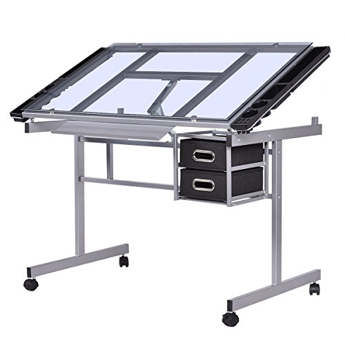 Youzee Adjustable Drawing Desk Rolling Drafting Table Glass Top Durable Portable Convenient Design