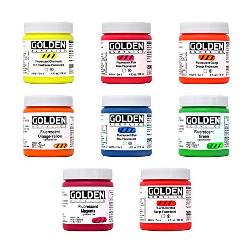 Golden Acrylics Golden Fluorescent Acrylic Colors Set | 4 Oz Heavy Body Acrylic Paint | Complete Set of 8 Fluorescent Colors
