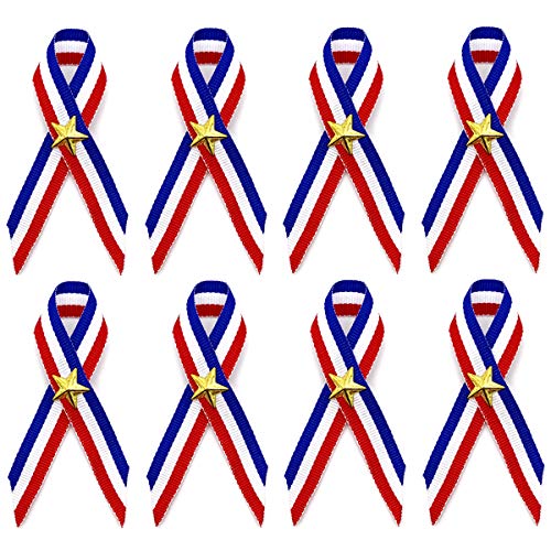 XIANMU 50 Bulk Patriotic Decorations Red White Blue Pins Ribbons with Star 4th of July Pins for Women Men Girls Boys Handouts