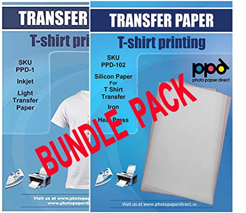 PPD Inkjet Bundle Iron-On Light Color T Shirt Transfers Paper LTR 8.5x11" pack of 10 Sheets + PPD Silicon Papers for T Shirt