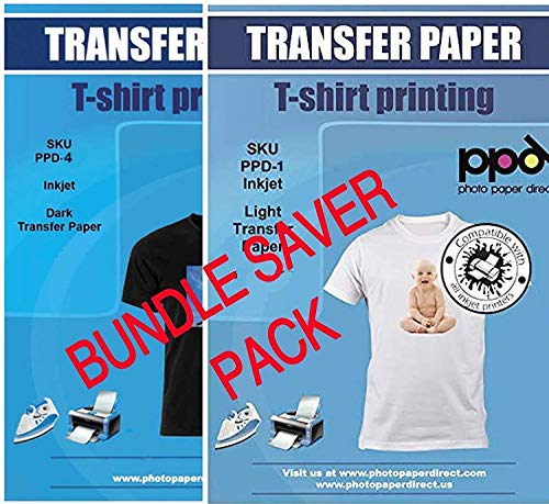 Photo Paper Direct PPD Inkjet Iron-On Bundle of T Shirt Transfer Paper 8.5x11" for Light/White x100 Sheets + Dark/Black x 50 Sheets