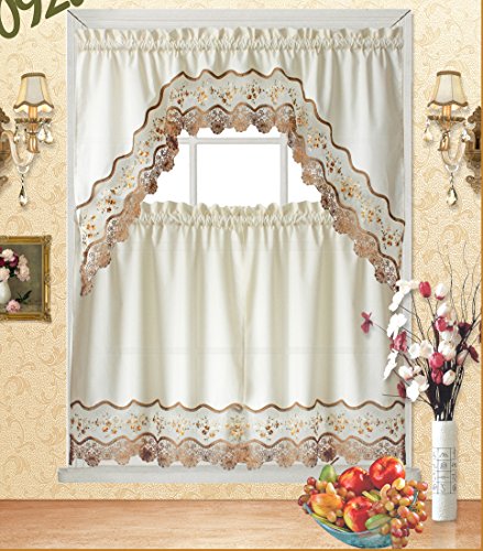 Fancy Linen Fancy Collection 3pc Beige with Embroidery Floral Kitchen/Cafe Curtain Tier and Valance Set 001092 (60" x 38",