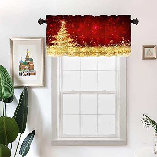 Batmerry Christmas Tree Golden Kitchen Valances Half Window Curtain, Red and Gold Glitter Christmas Tree Kitchen Valances for
