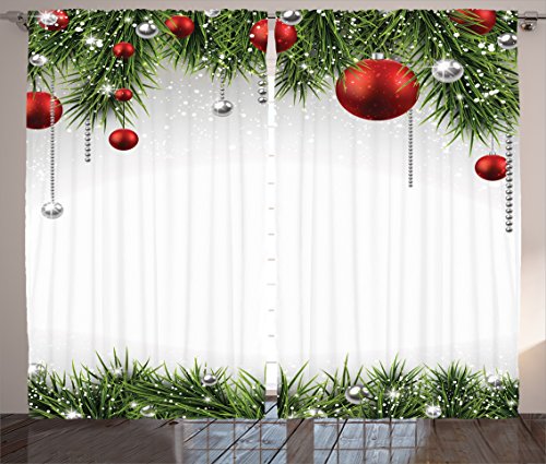 Ambesonne Christmas Curtains, Classical Christmas Ornaments and Baubles Coniferous Pine Tree Twig Tinsel Print, Living Room