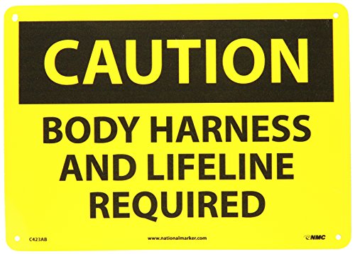 NMC C423AB OSHA Sign, Legend "CAUTION - BODY HARNESS AND LIFELINE REQUIRED", 14" Length x 10" Height, Aluminum, Black on