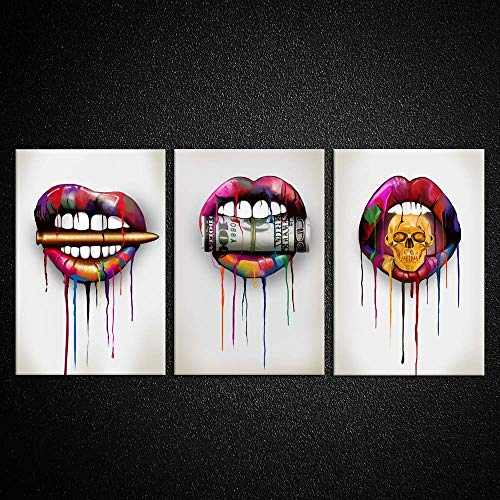Kreative Arts 3 Pieces Canvas Prints Abstract Lips with Bullet Money Dollars and Skull Wall Art Painting Wooden Framed Modern