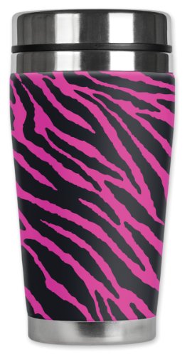 Mugzie Zebra Travel Mug with Insulated Wetsuit Cover, 16 oz, Black/Pink