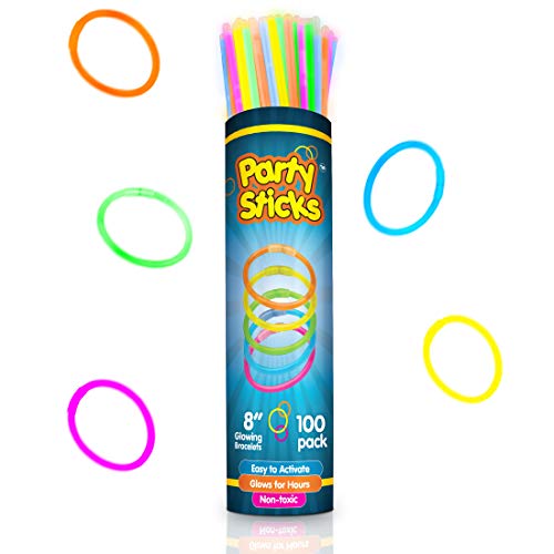 PartySticks Glow Sticks Bulk Party Favors 100pk with Connectors - 8 Inch Glow in the Dark Party Supplies, Neon Party Glow