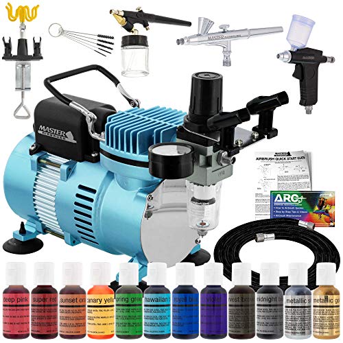 Master Airbrush Cool Runner II Dual Fan Air Compressor Pro Cake Decorating System Kit with 3 Airbrushes, Gravity and Siphon