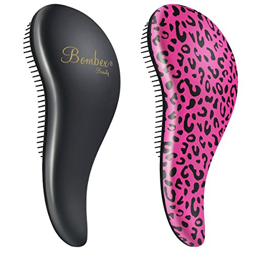 BOMBEX Detangler Brush-2 pack - No Tangles & Knots, Best Detangling Hair Brush for Tangled Hair,Pink Leopard & Matte Black