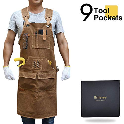 Briteree Woodworking Aprons for men, Gift for Woodworker, with 9 Tool Pockets, Durable Waxed Canvas
