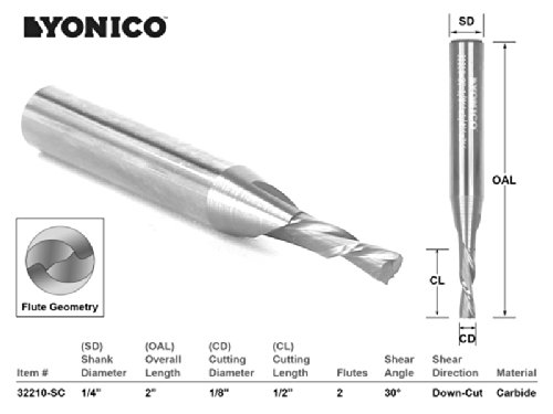 Yonico 32210-SC 1/8-Inch Dia. 2 Flute Downcut Spiral End Mill CNC Router Bit 1/4-Inch Shank