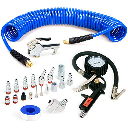 FYPower 22 Pieces Air Compressor Accessories kit, 1/4 inch x 25 ft Recoil Poly Air Compressor Hose Kit, 1/4" NPT Quick