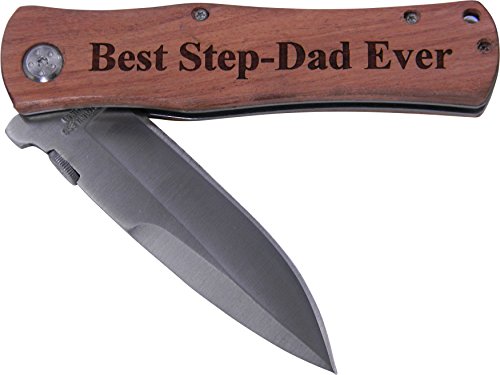 CustomGiftsNow Best Step-Dad Ever Folding Pocket Knife - Great Gift for Father's Day for Dad, Step-Dad (Wood Handle)