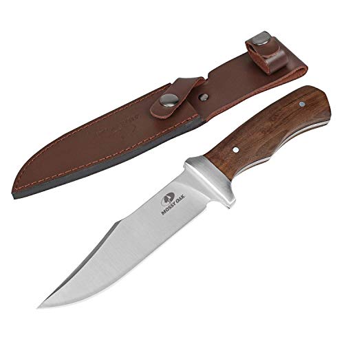 MOSSY OAK 11-inch Full-tang Fixed Blade Knife with Leather Sheath, Clip Point Blade and Wood Handle, for Outdoor Survival,