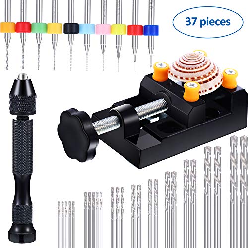 Mudder 37 Pieces Hand Drill Set, Include Pin Vise Hand Drill with Mini Drills, Twist Drills and Bench Vice for Craft Carving DIY