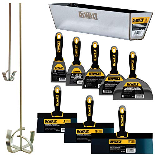 DEWALT DELUXE Blue/Carbon Steel Hand Tool Set | 8/10/12" Taping Knives, 3/4/5/6/8" Putty Knives, 2 Mud Mixers + FREE BONUS