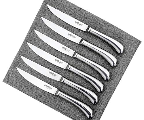 UMOGI Steak Knives Set of 6 - Premium Stainless Steel, Dishwasher Safe - Polished Shiny Blade & Handle, Straight Edge - Kitchen