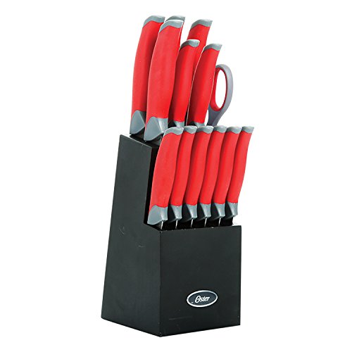 Oster 81006.14 Lindbergh 14 Piece Stainless Steel Cutlery Black Block Set, Red Handles