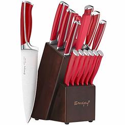 Emojoy Knife Set, 15-Piece Kitchen Knife Set with Block Wooden, Red Handle for Chef Knife Set, Kitchen Knives Sharpener and
