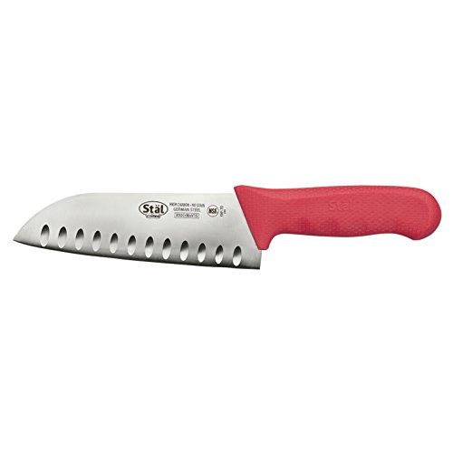 Winco KWP-70R StÃ¤l Stamped Cutlery Santoku Knife 7" Stainless Steel Blade, Hollow Granton Edge, Red Plastic Handle