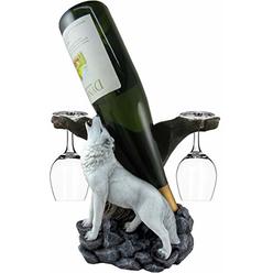 DWK - Wine of The Wild - Howling White Wolf Wine Display Set with Glasses Mountain Forest Woodland Bottle Holder Home Decor