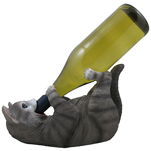 Home 'n Gifts Funny Gray Kitty Cat Wine Bottle Holder Sculpture for Unique Tabletop Wine Racks & Stands or Feline Statues and Animal