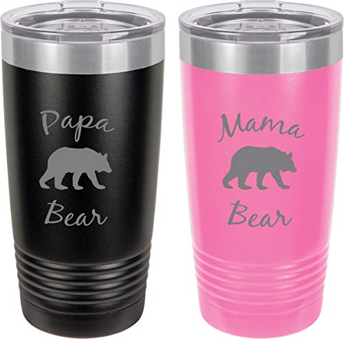 CustomGiftsNow Papa Bear - Mama Bear Stainless Steel Engraved Insulated Tumbler 20 Oz Travel Coffee Mug, Black/Pink