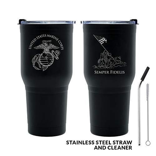 Military Gift Shop 30 oz USMC Black Double Wall Vacuum Insulated Stainless Steel Marine Corps Tumbler Travel Mug-Leakproof Lid